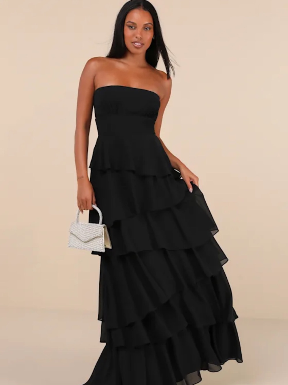 Lulu's Black Strapless Tiered Maxi Gown